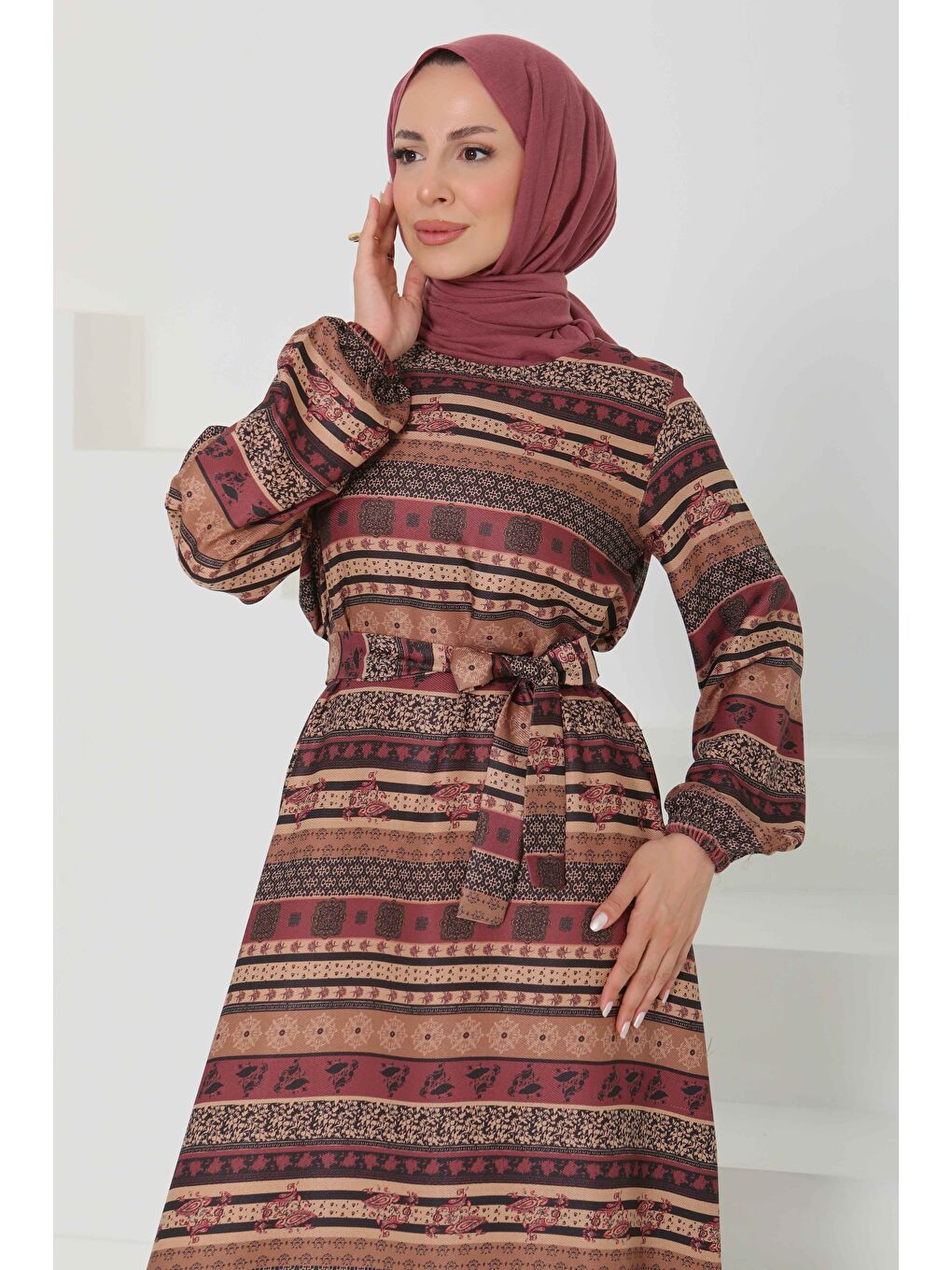 Desenli Kuşaklı Elbise Mürdüm - 27106-4