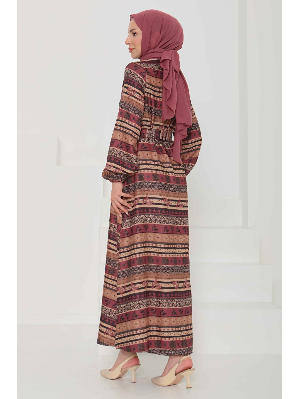 Desenli Kuşaklı Elbise Mürdüm - 27106-6