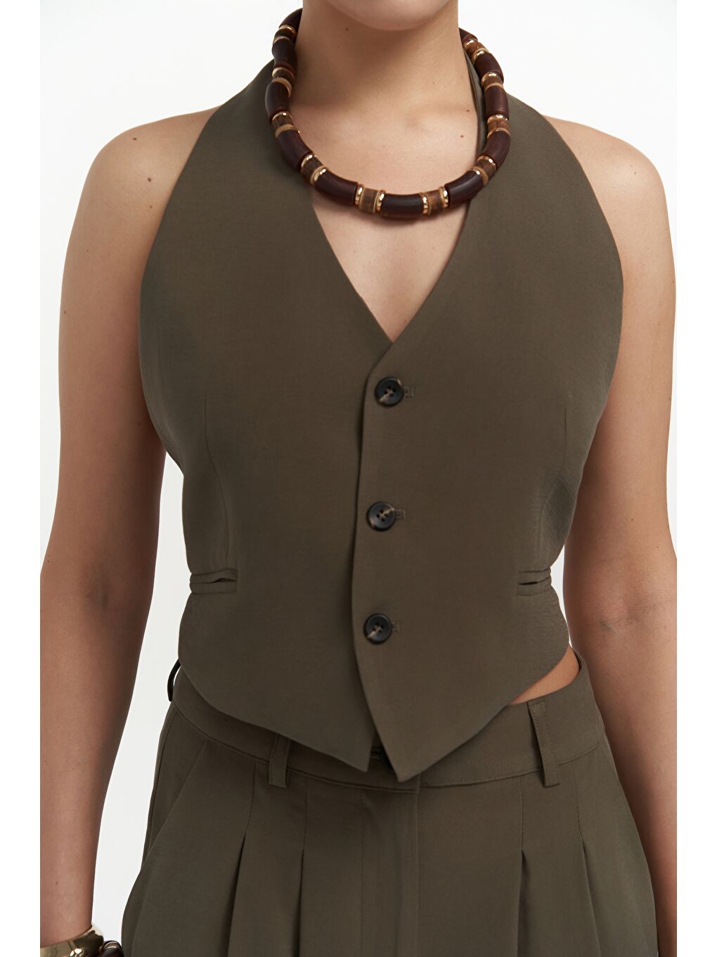 Pailey Sırt Dekolteli Haki Yelek Pantolon Takım-5