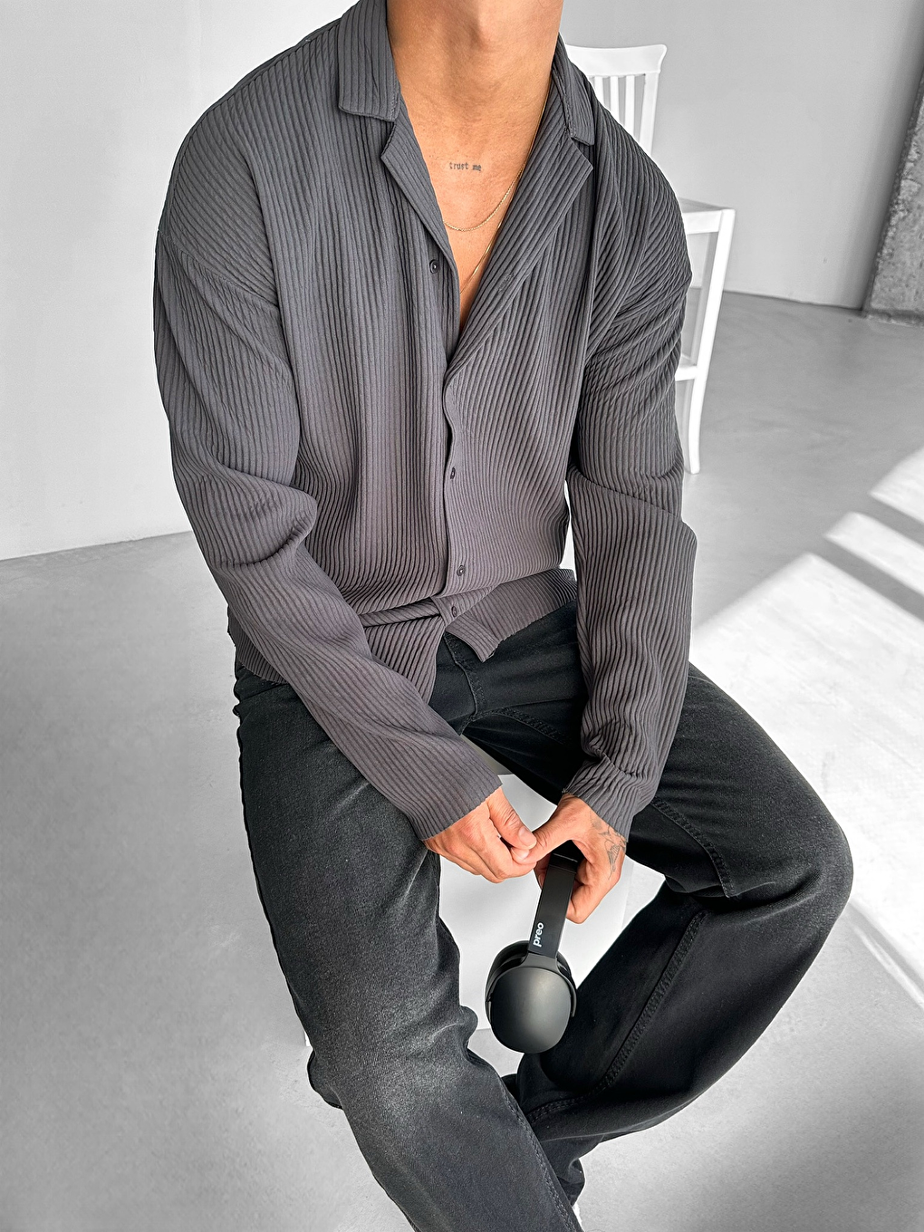 Gri Erkek Oversize Fitilli Apaş Yaka Gömlek Füme