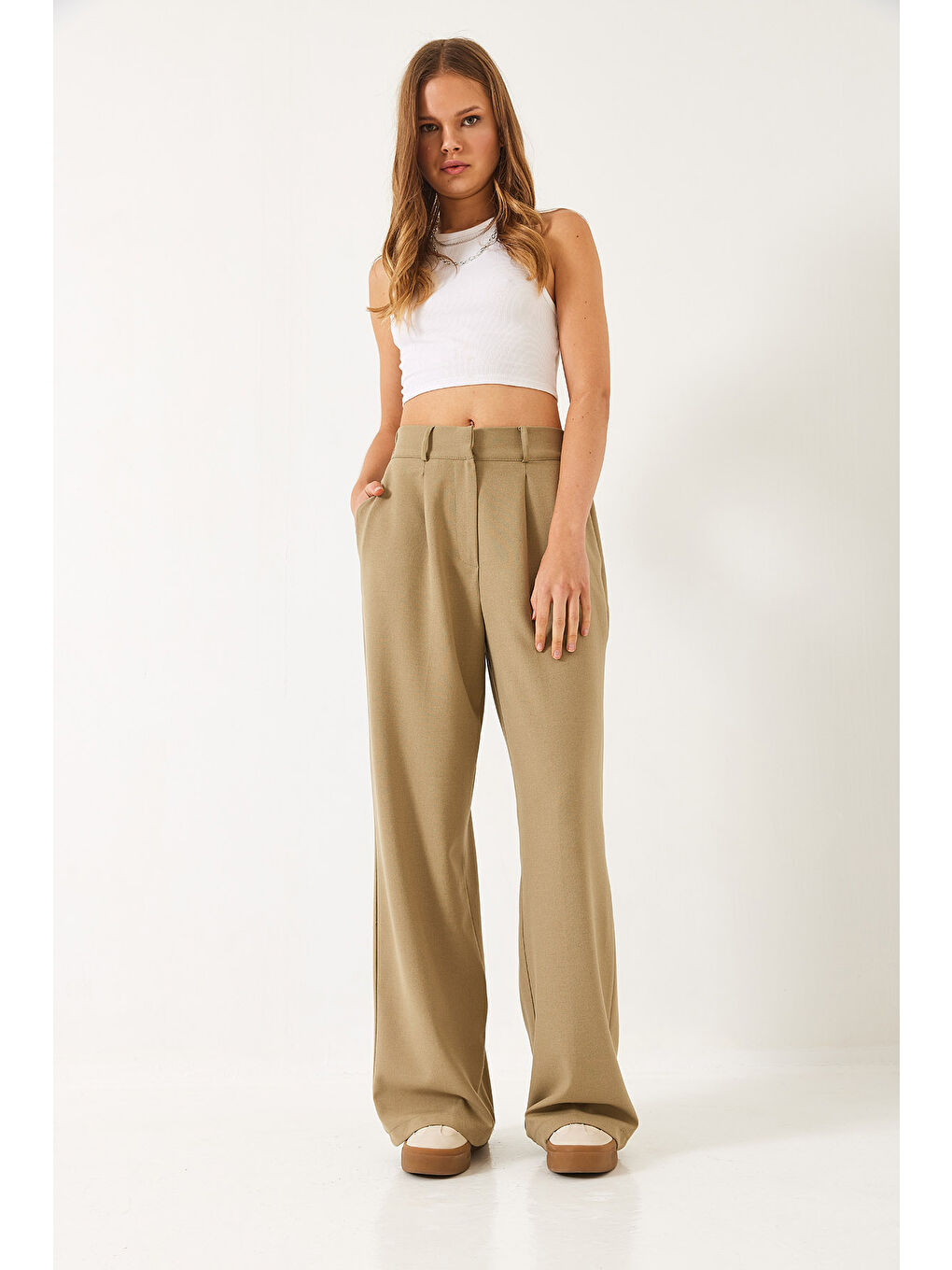 Yeşil Kadın Beli Lastikli Bol Paça Pantolon-1