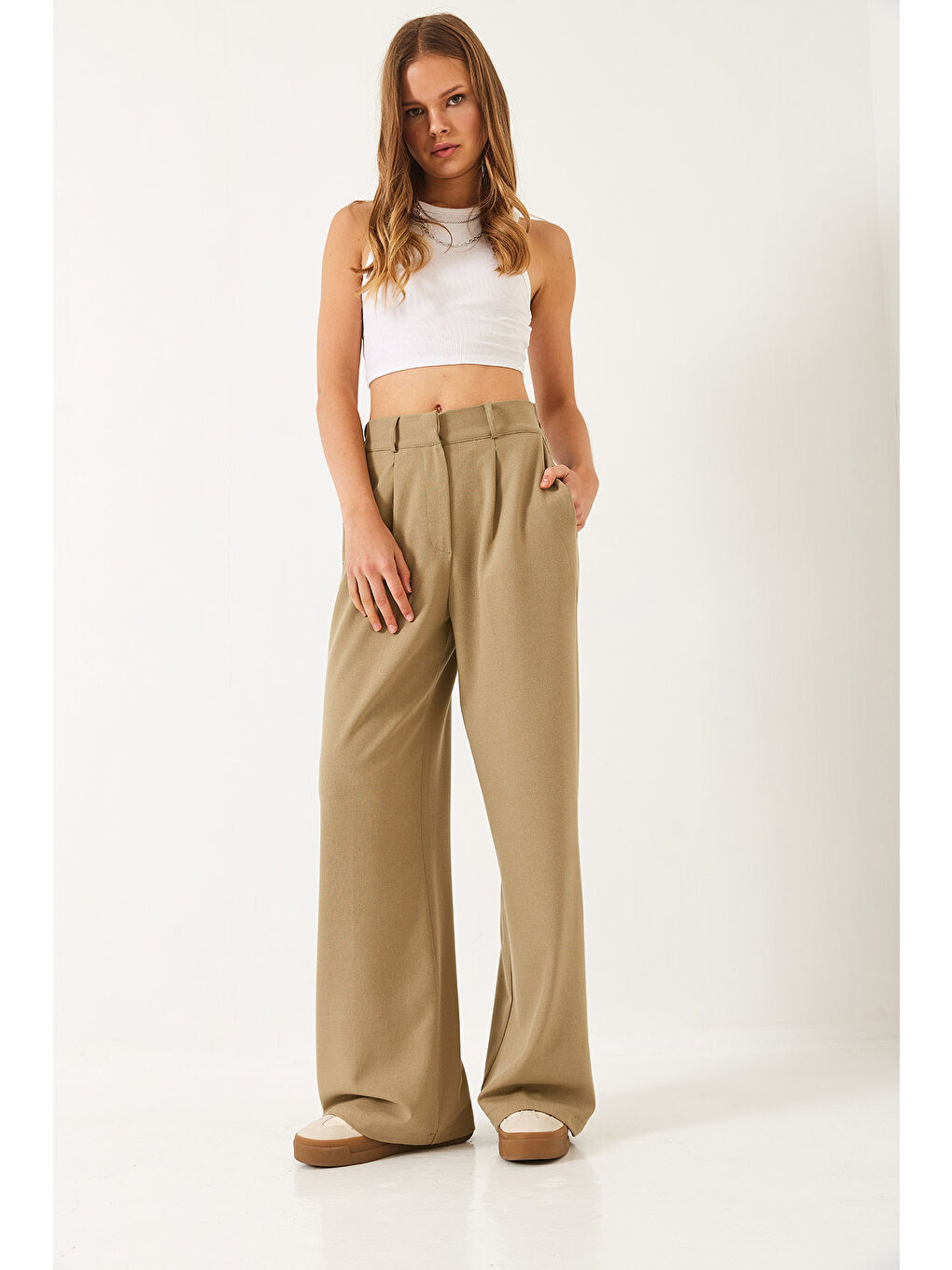 Yeşil Kadın Beli Lastikli Bol Paça Pantolon-2