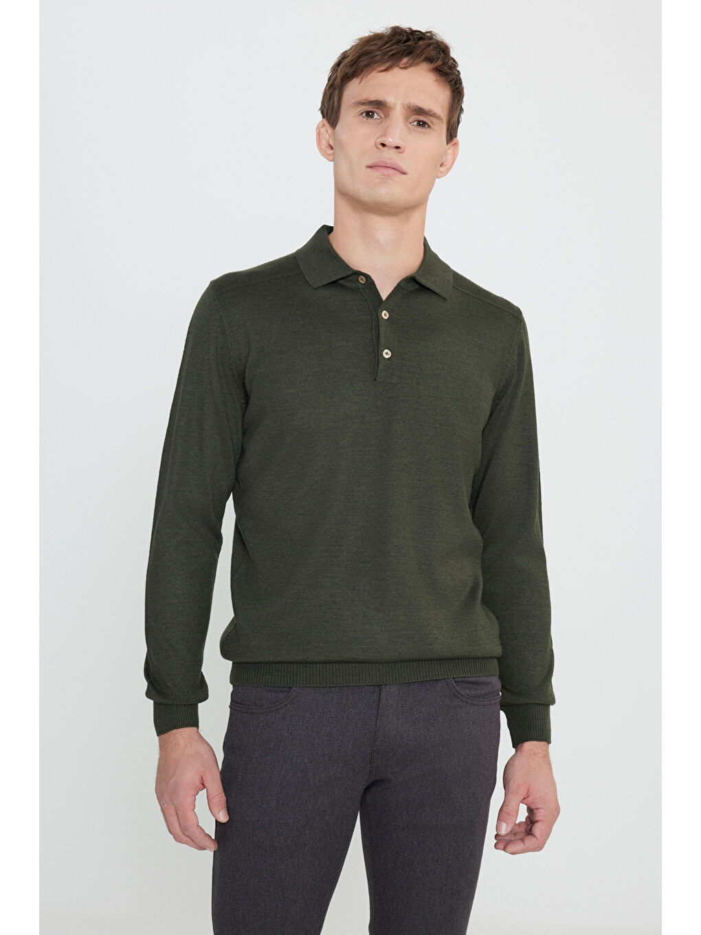 Erkek Haki Yünlü Sıcak Tutan Standart Fit Normal Kesim Polo Yaka Triko Kazak