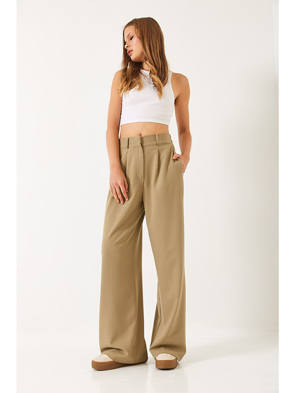 Yeşil Kadın Beli Lastikli Bol Paça Pantolon-3