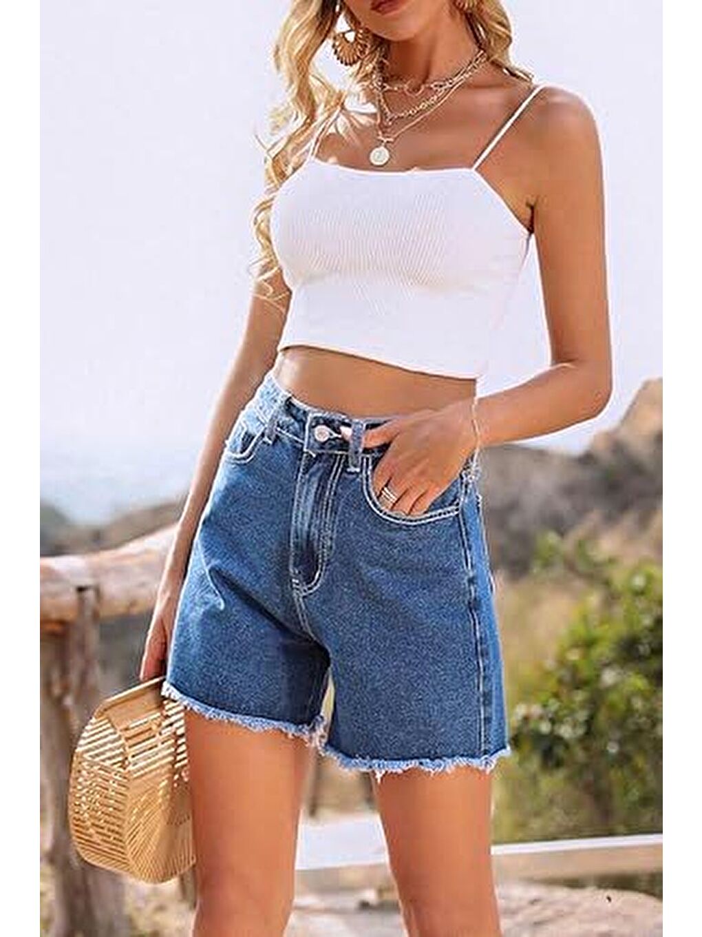 Püsküllü Jean Şort Koyu Mavi - 27362