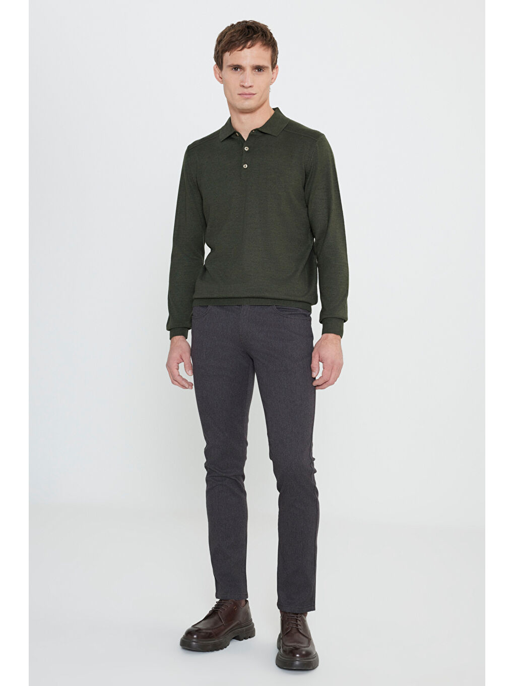 Erkek Haki Yünlü Sıcak Tutan Standart Fit Normal Kesim Polo Yaka Triko Kazak-1