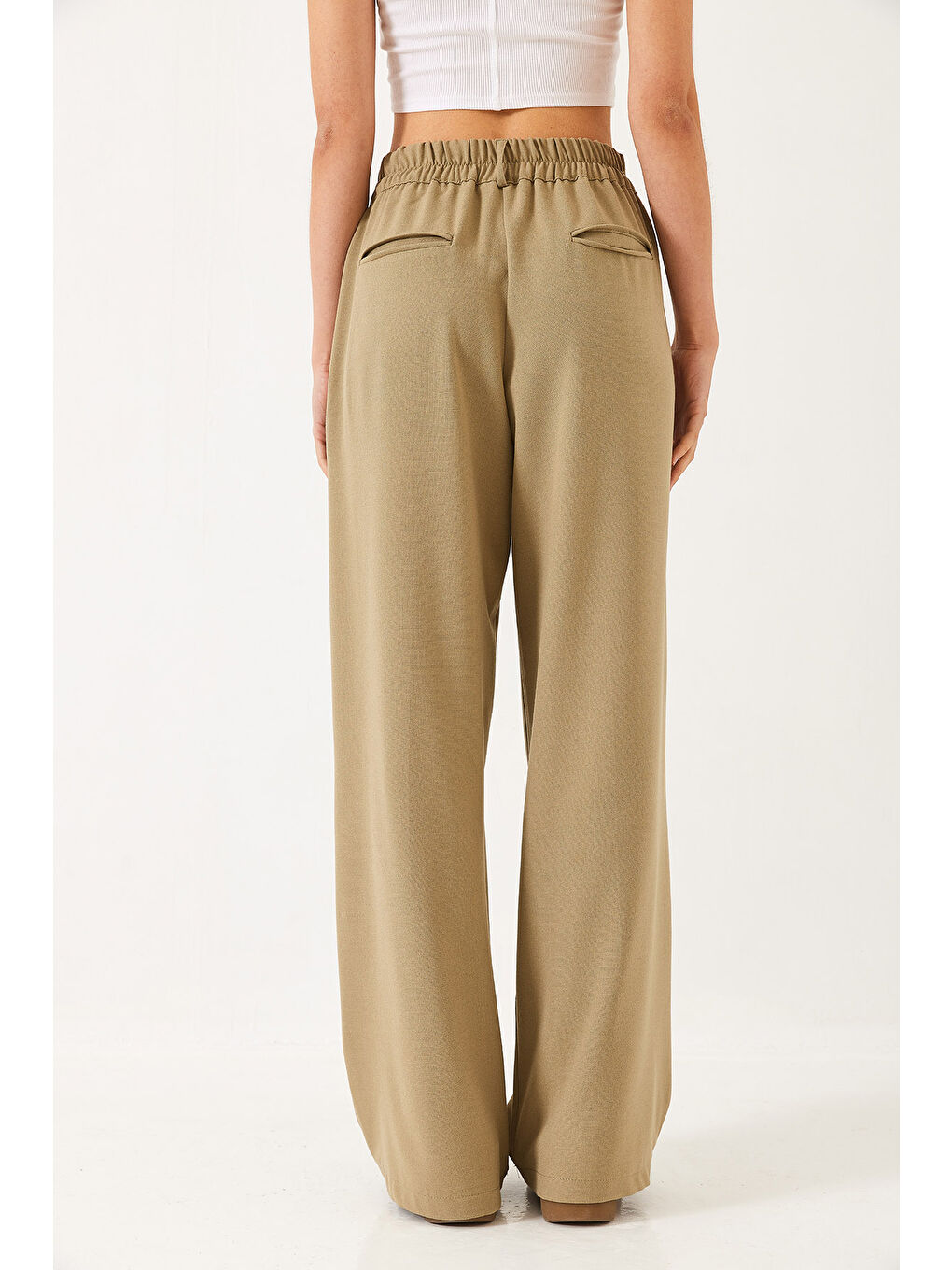 Yeşil Kadın Beli Lastikli Bol Paça Pantolon-6