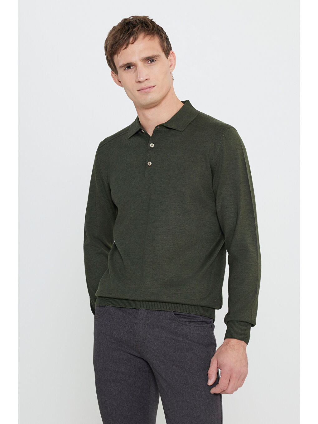 Erkek Haki Yünlü Sıcak Tutan Standart Fit Normal Kesim Polo Yaka Triko Kazak-2