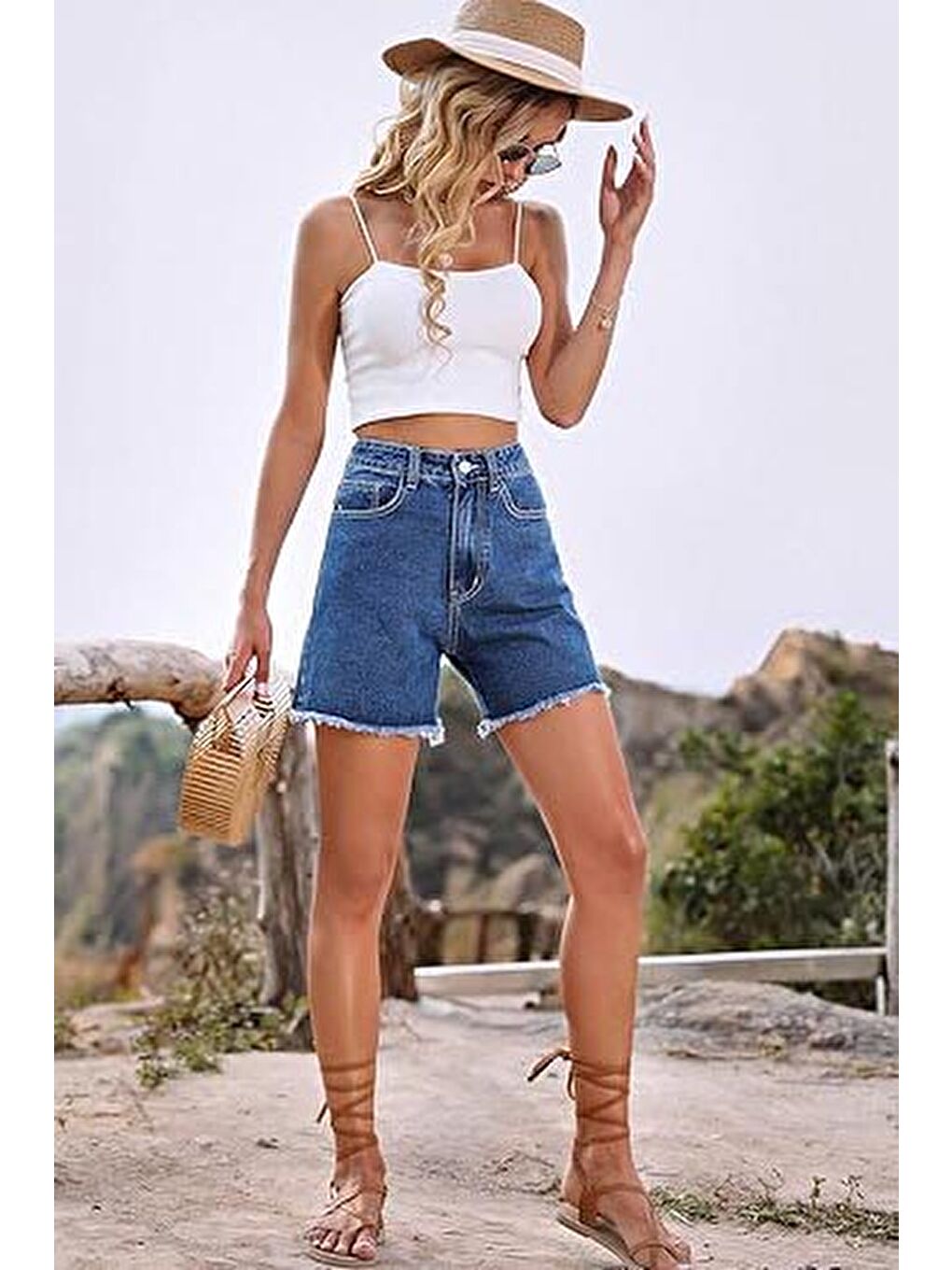 Püsküllü Jean Şort Koyu Mavi - 27362-1