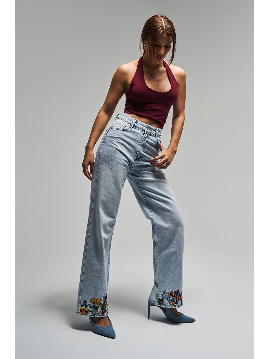 Mavi Kadın Ice Jean Rengi 4s5-3 Straight Fit Çiçek Nakışlı %100 Pamuk İç Boy 80 Cm Tasarım Denim Jean