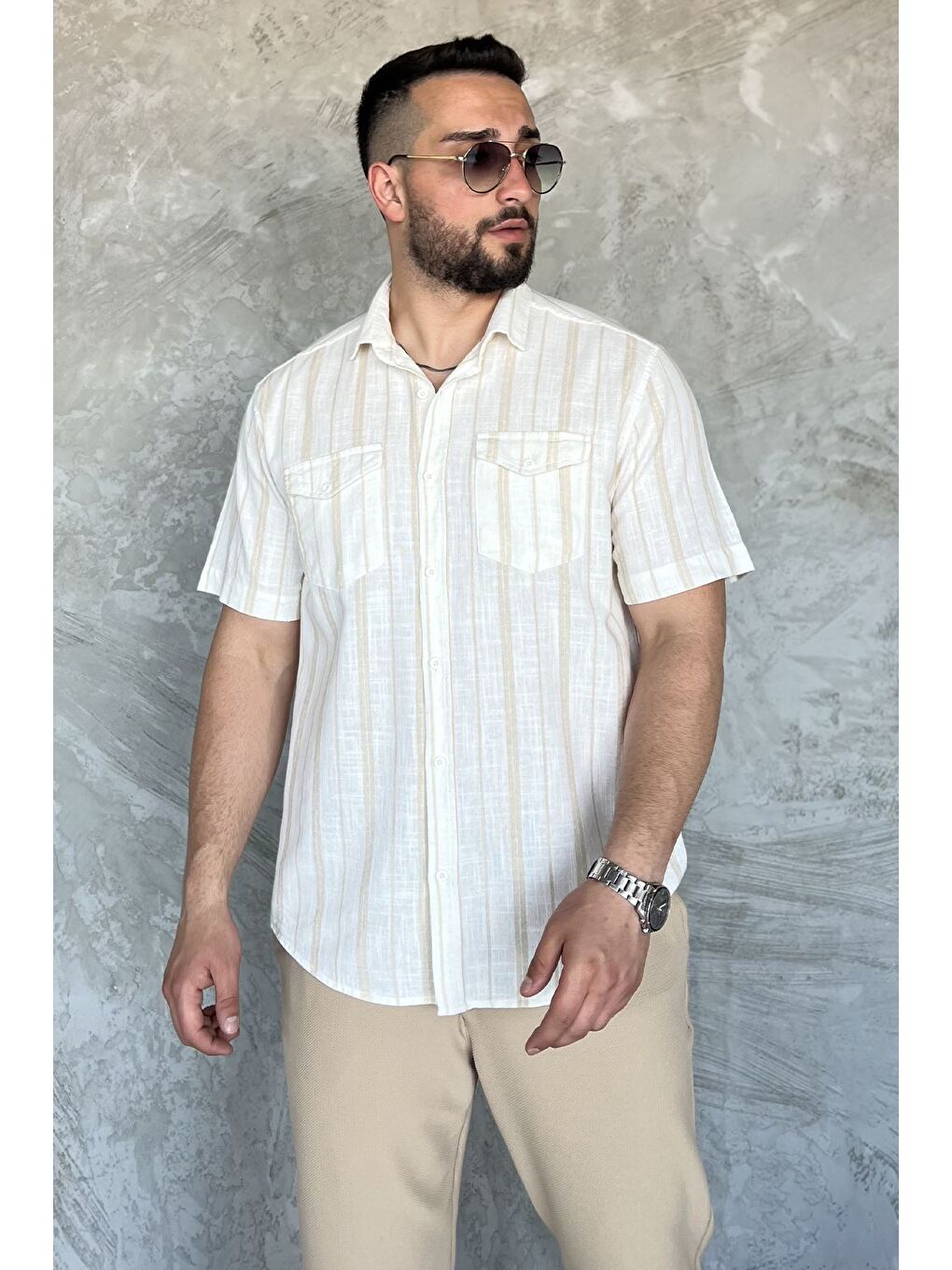 Bej Erkek Çift Cepli Çizgili Kısa Kol Gömlek