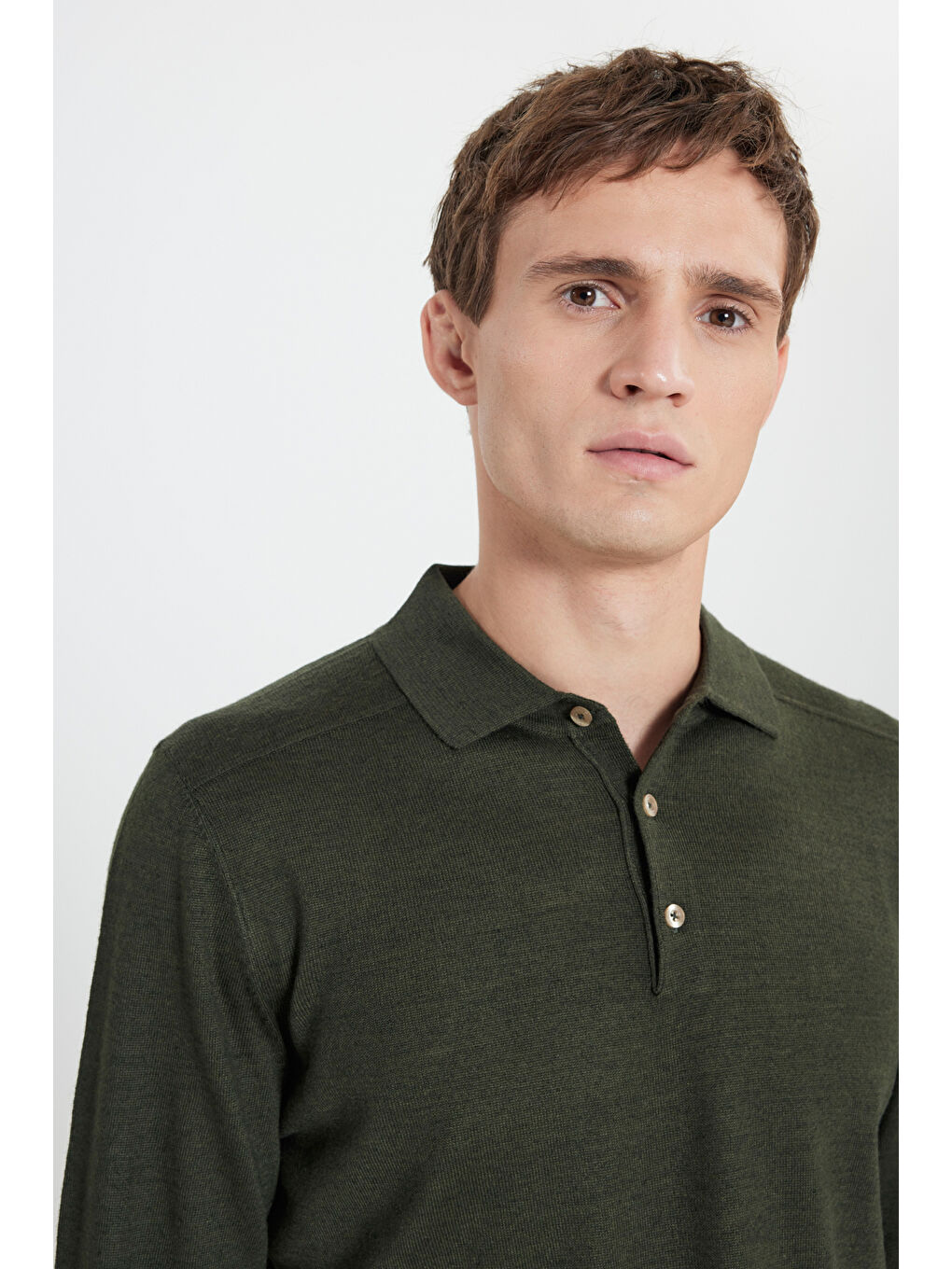 Erkek Haki Yünlü Sıcak Tutan Standart Fit Normal Kesim Polo Yaka Triko Kazak-3