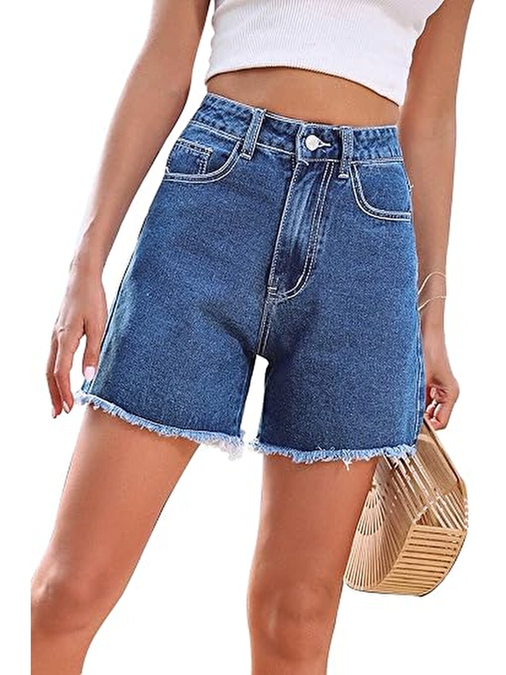 Püsküllü Jean Şort Koyu Mavi - 27362-2