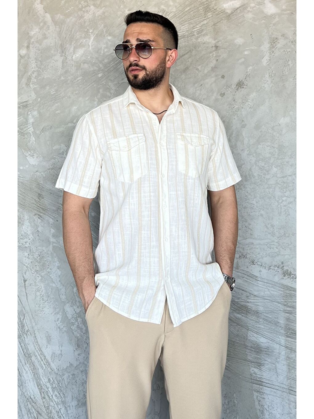 Bej Erkek Çift Cepli Çizgili Kısa Kol Gömlek-1