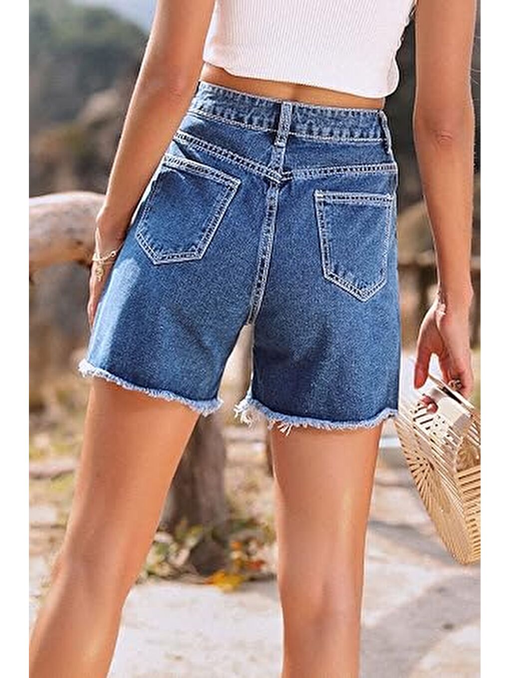 Püsküllü Jean Şort Koyu Mavi - 27362-3