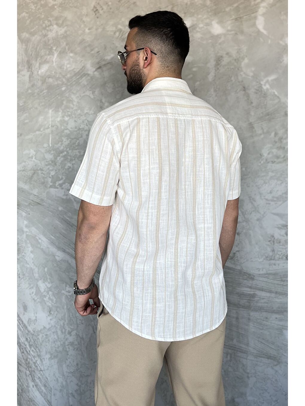 Bej Erkek Çift Cepli Çizgili Kısa Kol Gömlek-2