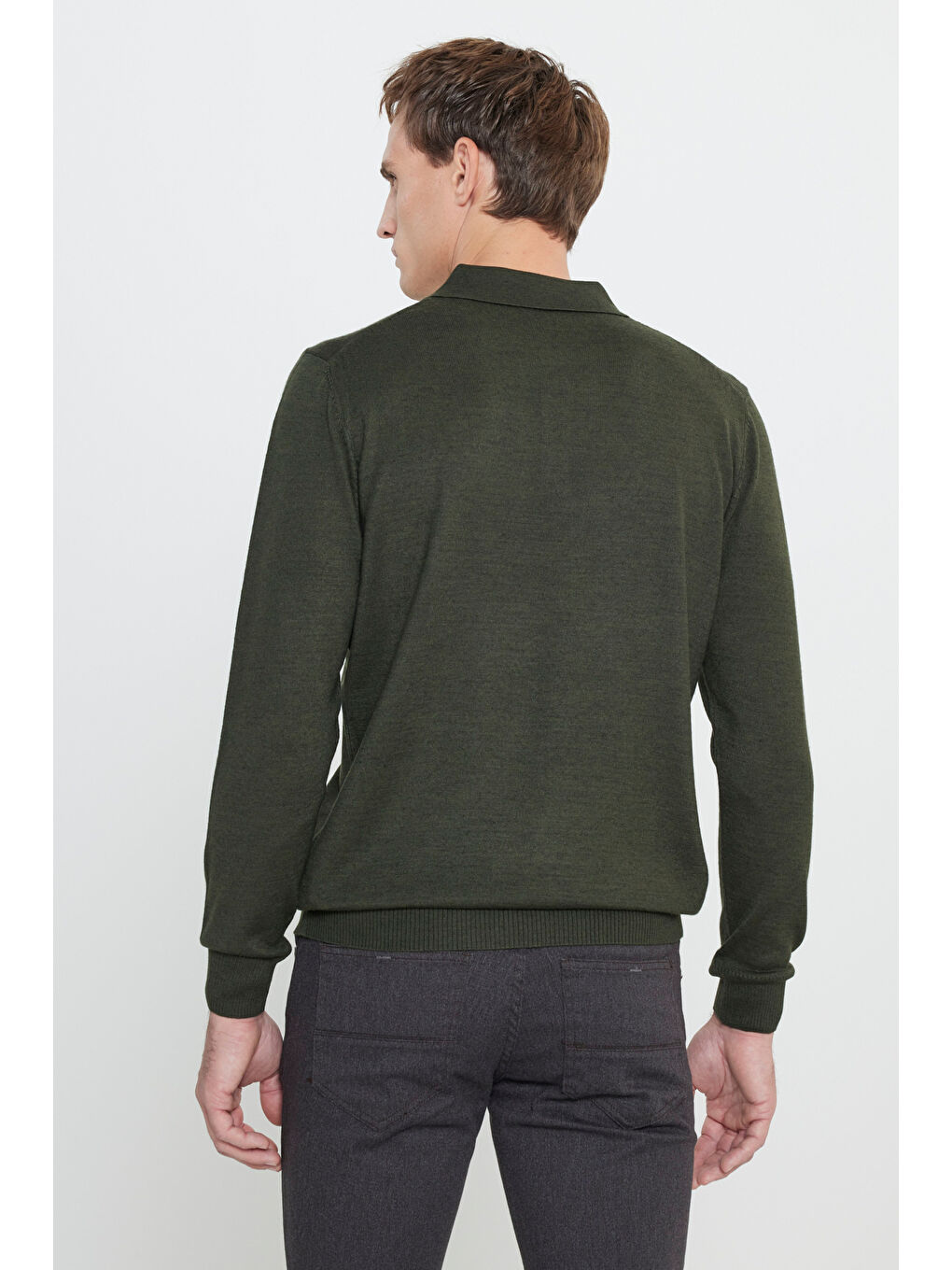 Erkek Haki Yünlü Sıcak Tutan Standart Fit Normal Kesim Polo Yaka Triko Kazak-4