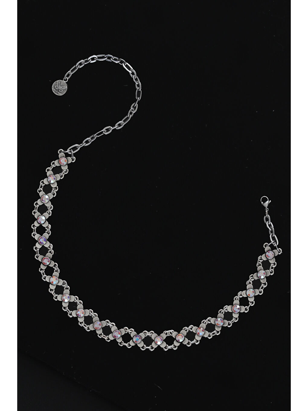 Gri Kadın Antik Gümüş Kaplama Renk Taşlı Choker Tasma Kolye