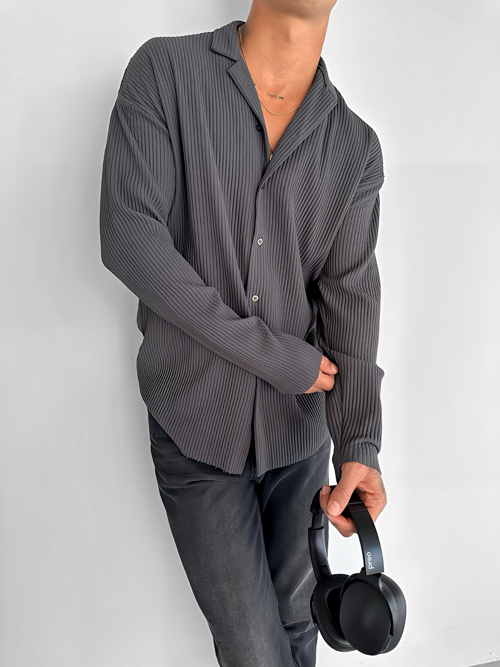 Gri Erkek Oversize Fitilli Apaş Yaka Gömlek Füme-2