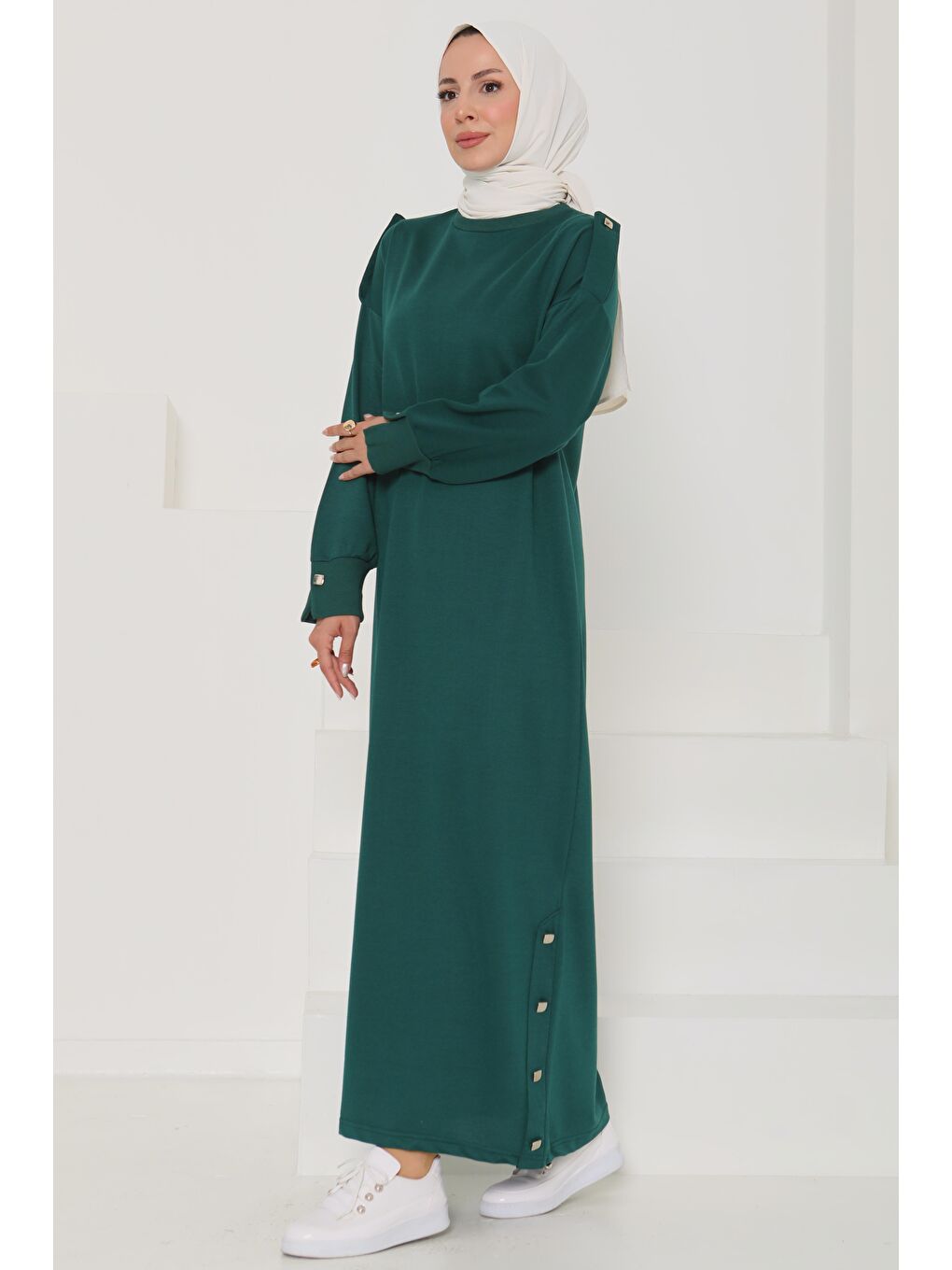 Yeşil Düğme Detaylı Elbise Zümrüt - 27045