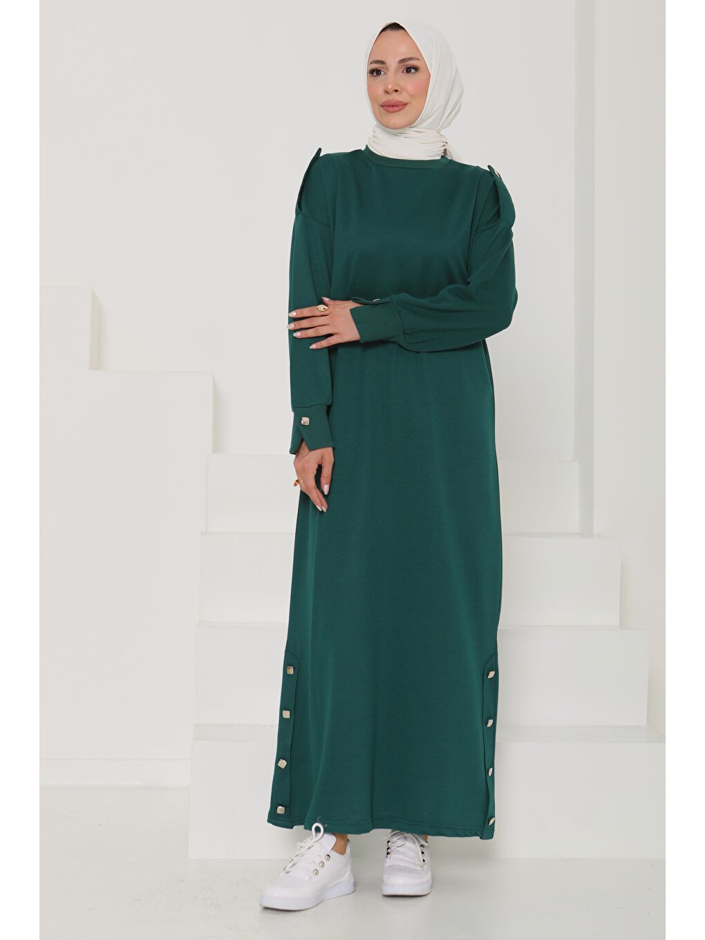 Yeşil Düğme Detaylı Elbise Zümrüt - 27045-1