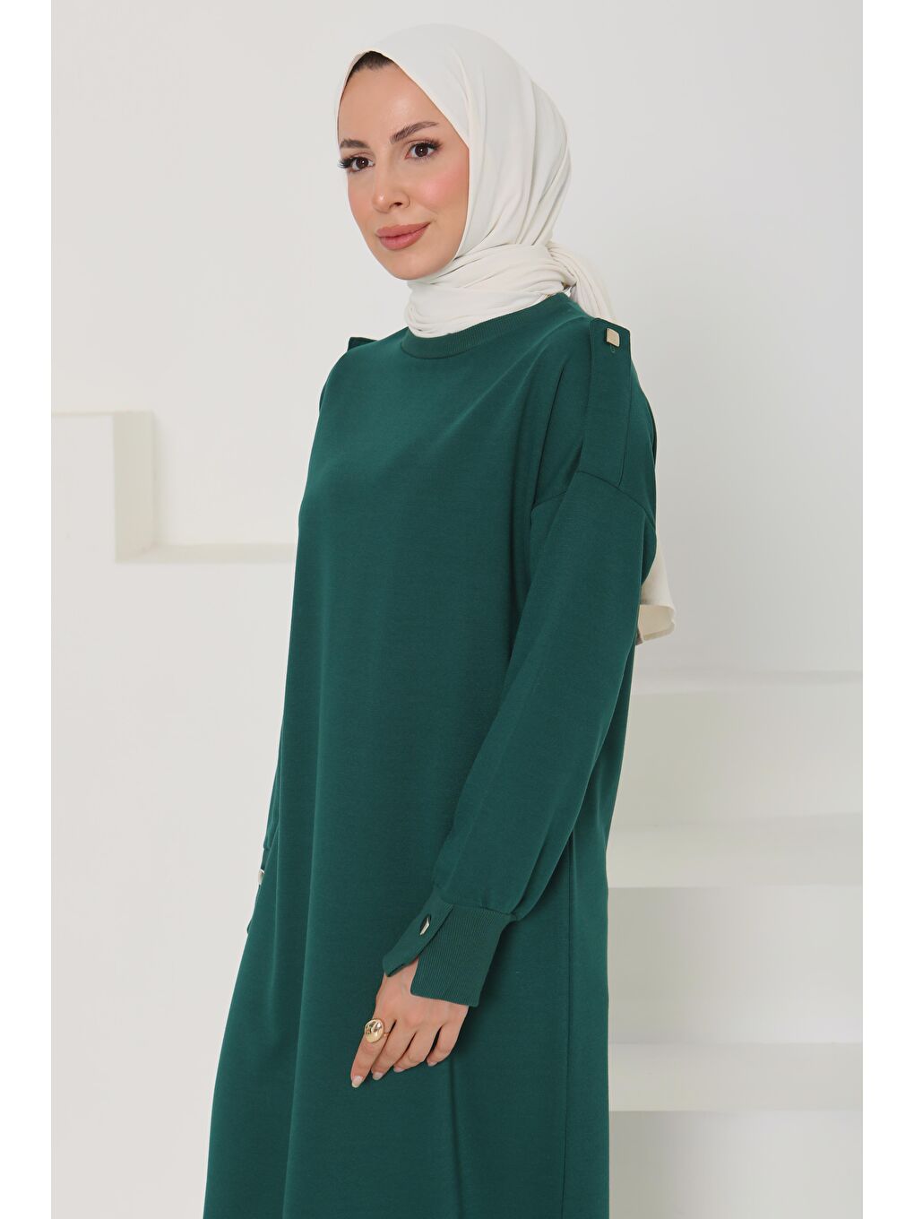 Yeşil Düğme Detaylı Elbise Zümrüt - 27045-2