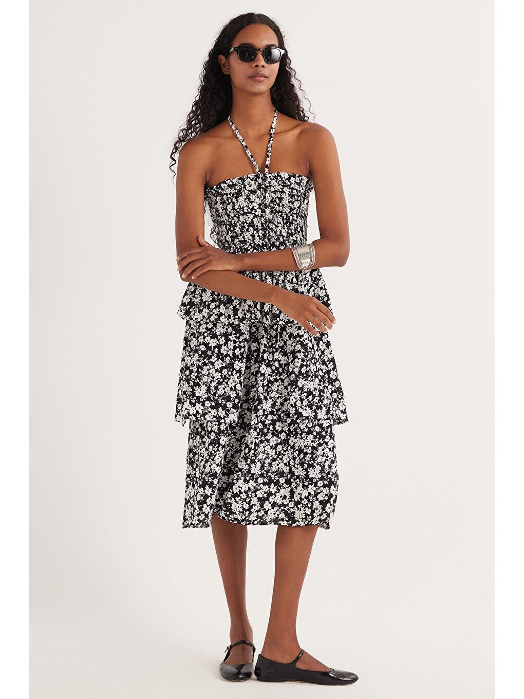 Karışık Kadın Standart Fit Bağlama Detaylı Beli Büzgülü Desenli Viskon Elbise-1