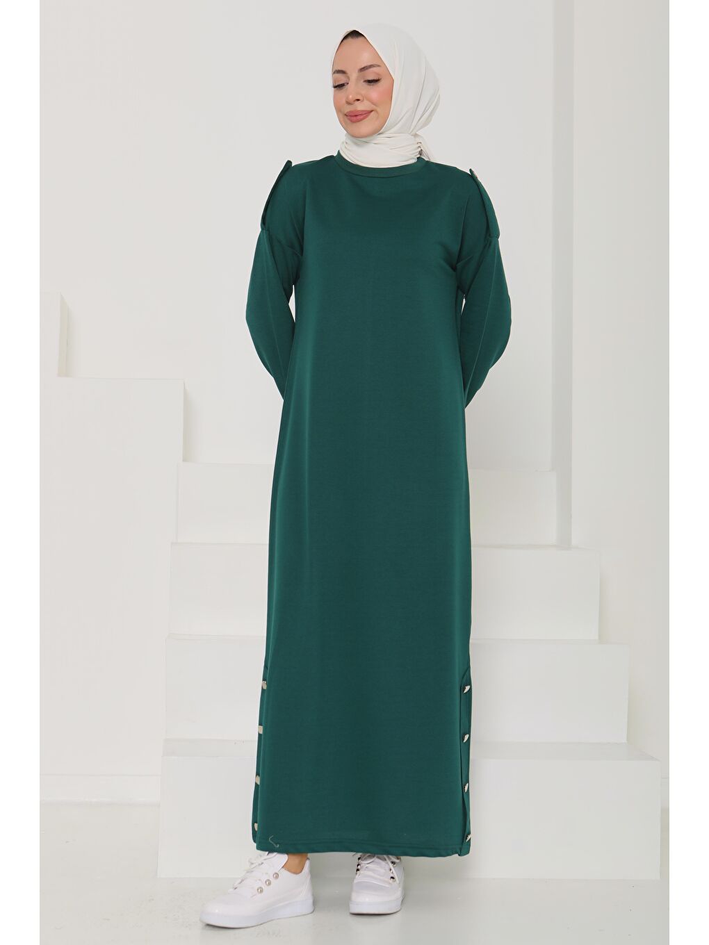 Yeşil Düğme Detaylı Elbise Zümrüt - 27045-3