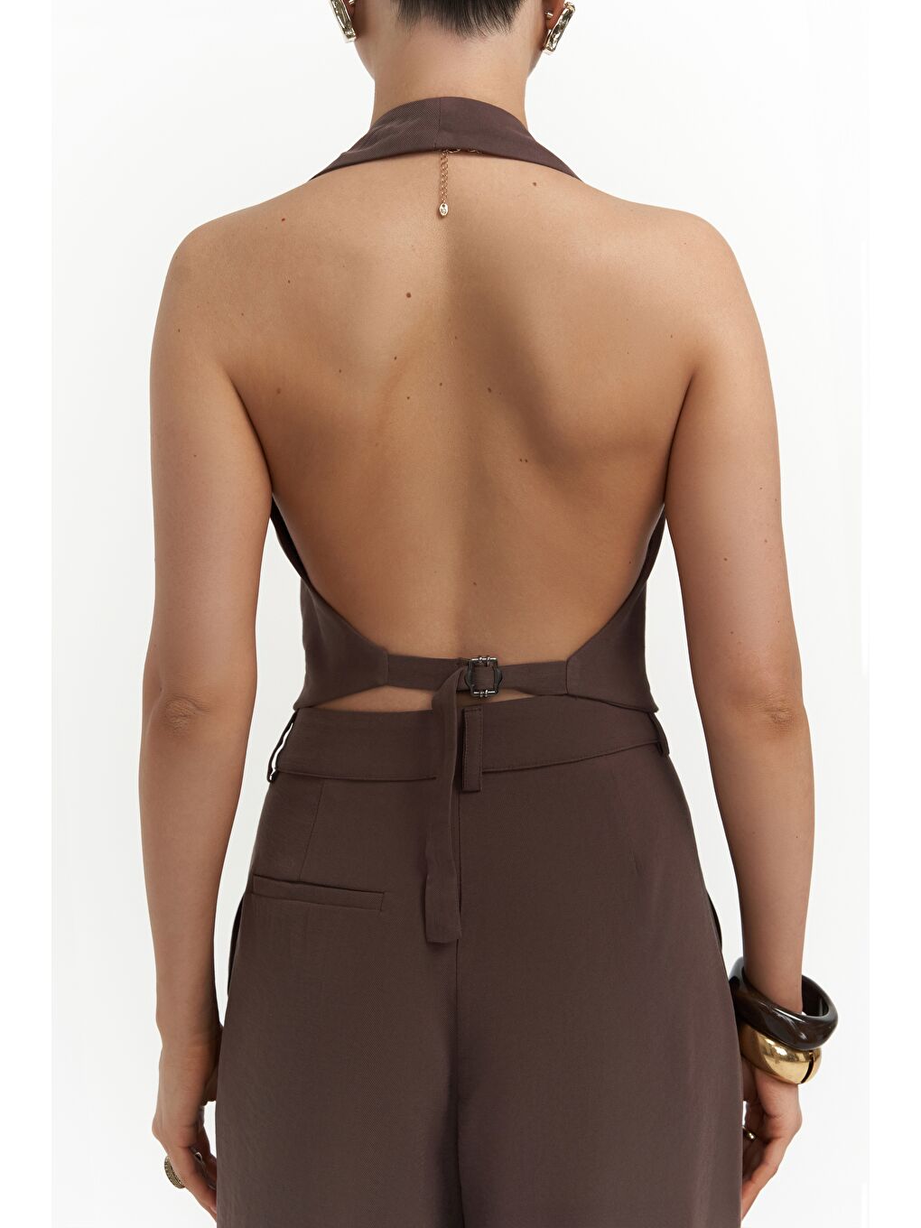 Kahverengi Pailey Sırt Dekolteli Kahve Yelek Pantolon Takım-2