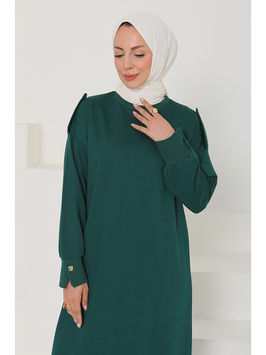 Yeşil Düğme Detaylı Elbise Zümrüt - 27045-4