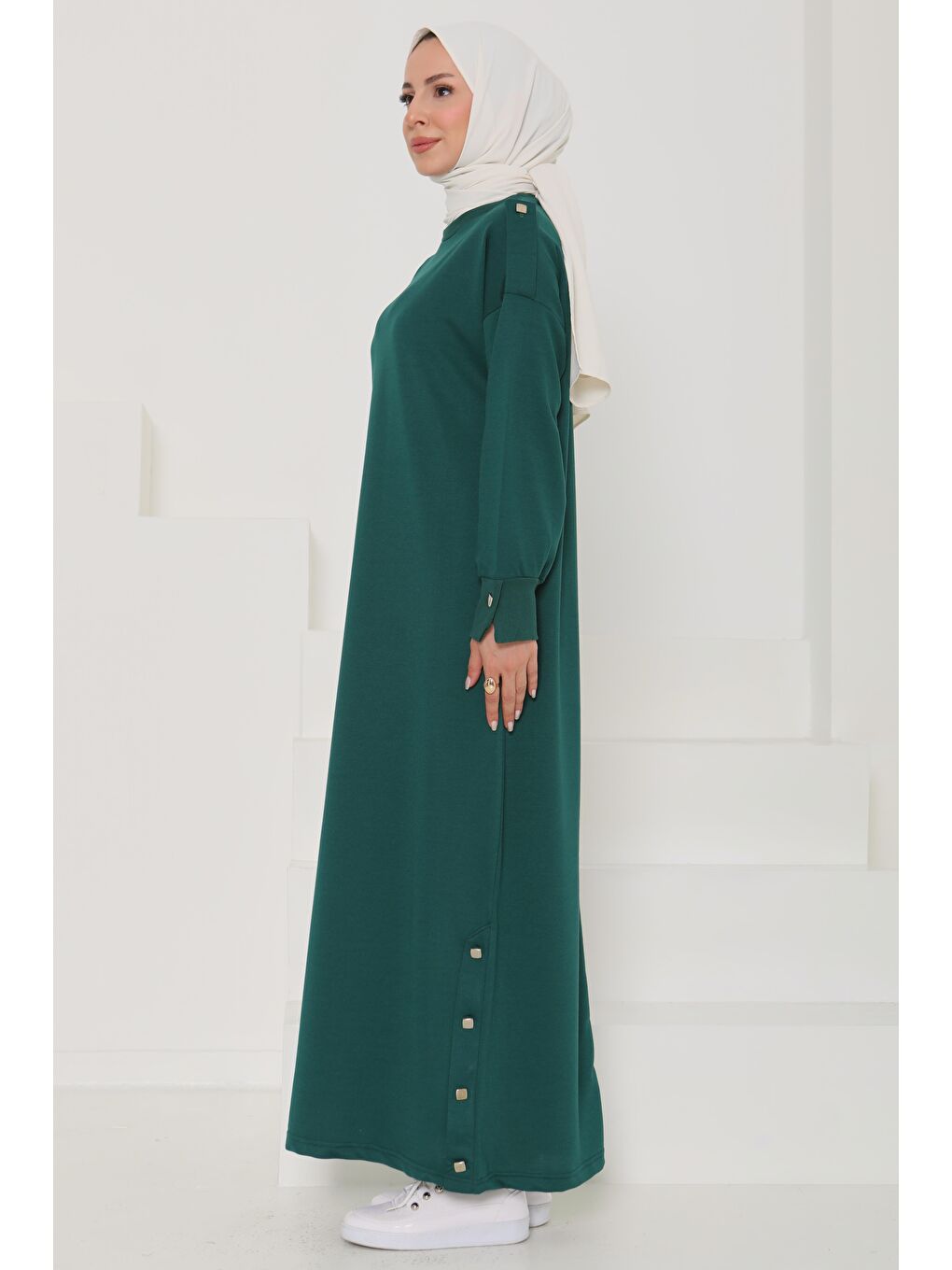 Yeşil Düğme Detaylı Elbise Zümrüt - 27045-5