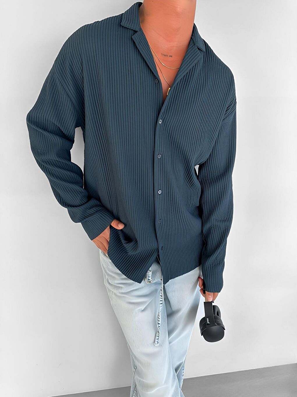 Erkek Oversize Fitilli Apaş Yaka Gömlek Petrol Mavi-1