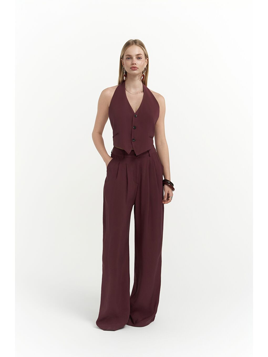 Pailey Sırt Dekolteli Bordo Yelek Pantolon Takım-1