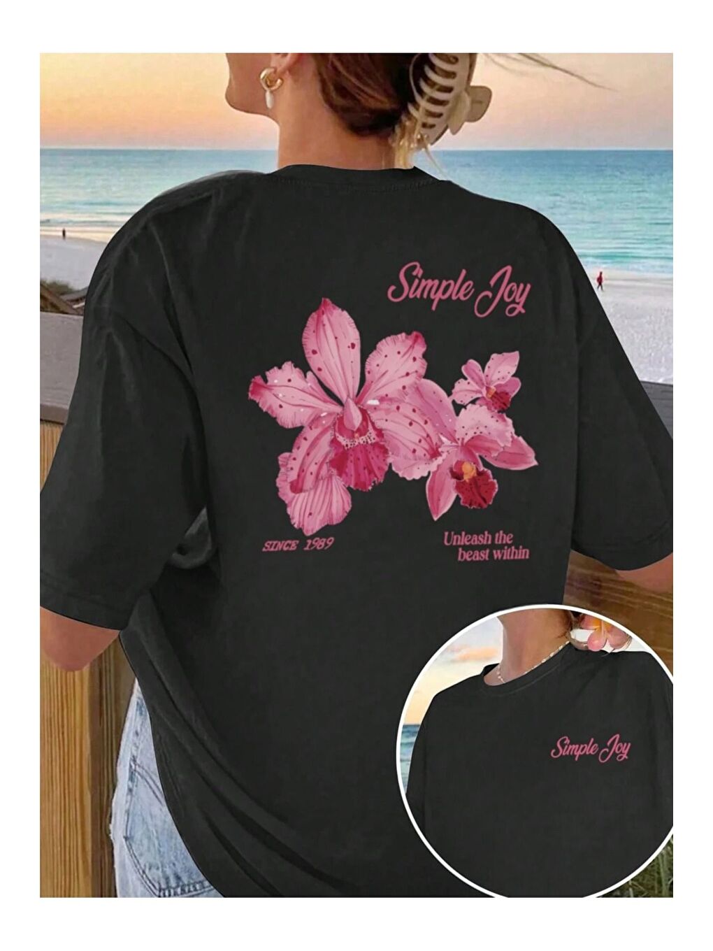 Kadın Siyah Simple Joy Baskılı Oversize Tişört