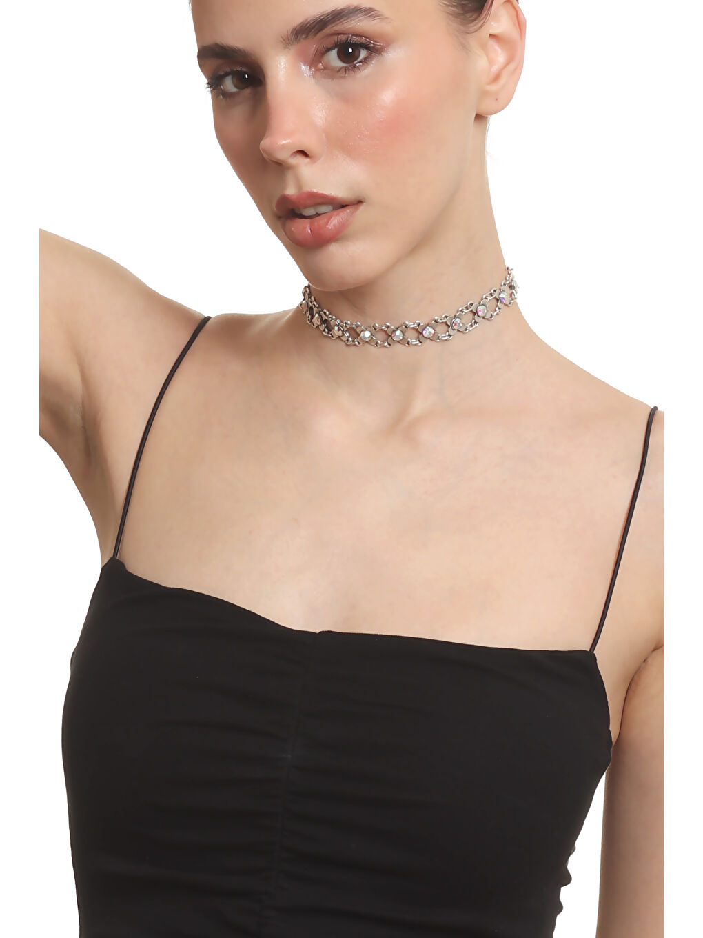 Gri Kadın Antik Gümüş Kaplama Renk Taşlı Choker Tasma Kolye-2