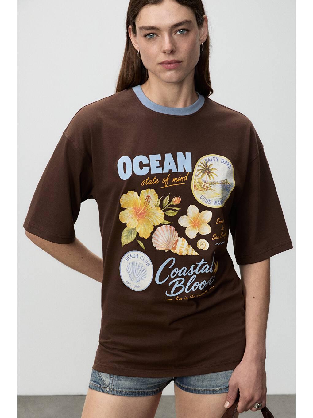 Kahverengi NITZA Kadın %100 Pamuk Oversize Bisiklet Yaka KAHVERENGİ T-Shirt-2