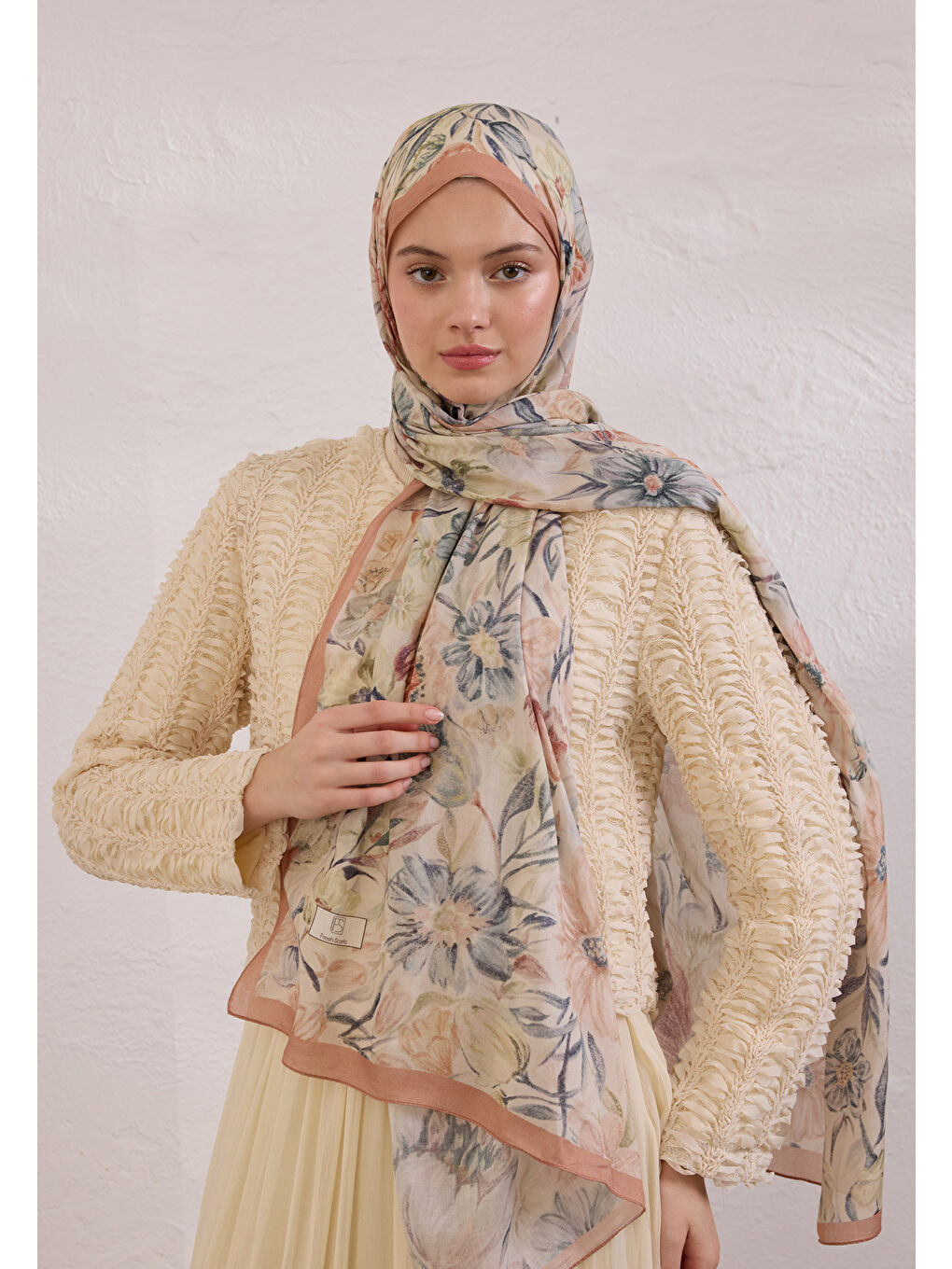 Pembe Vıntage Garden Desen Rami Şal Somon-1