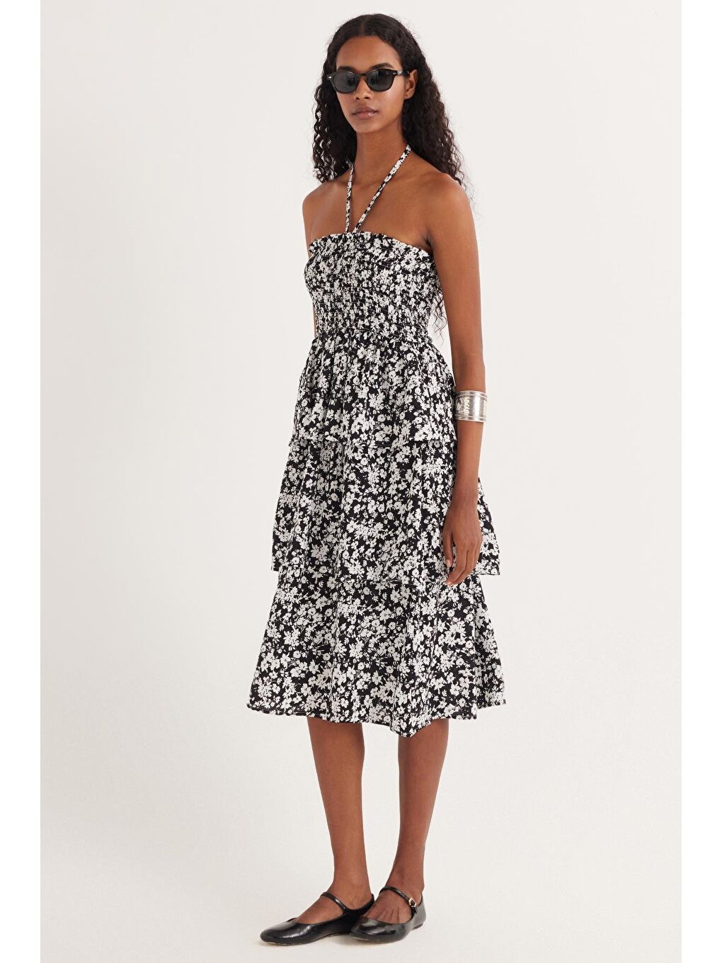 Karışık Kadın Standart Fit Bağlama Detaylı Beli Büzgülü Desenli Viskon Elbise-4