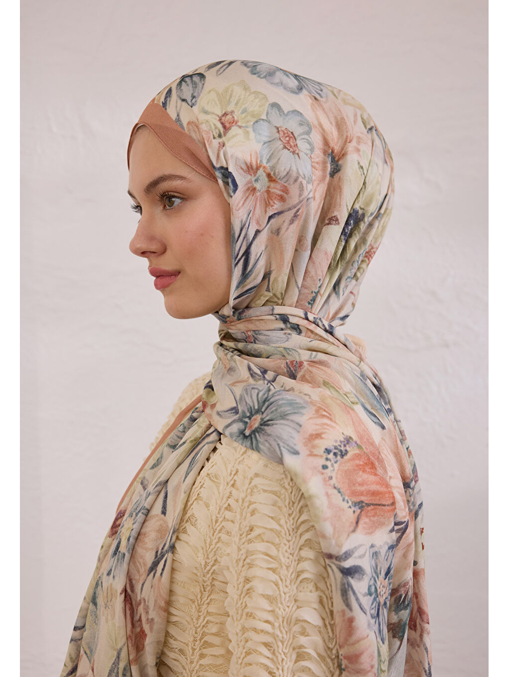 Pembe Vıntage Garden Desen Rami Şal Somon-2