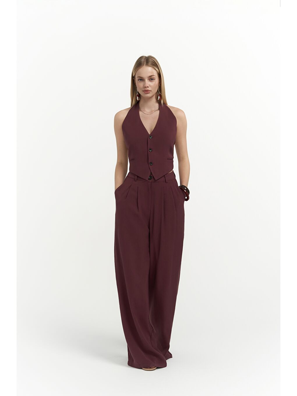 Pailey Sırt Dekolteli Bordo Yelek Pantolon Takım-4