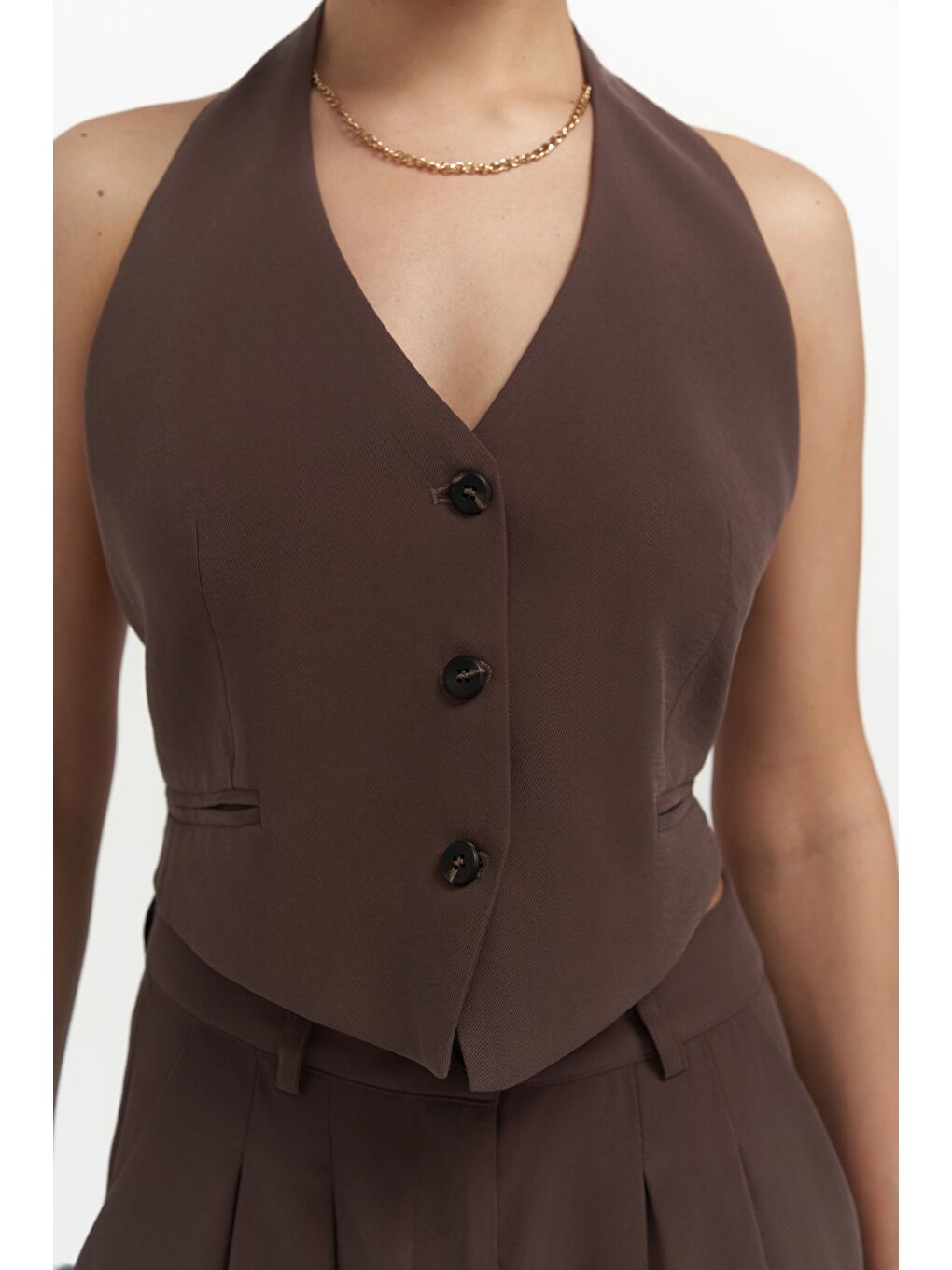 Kahverengi Pailey Sırt Dekolteli Kahve Yelek Pantolon Takım-7