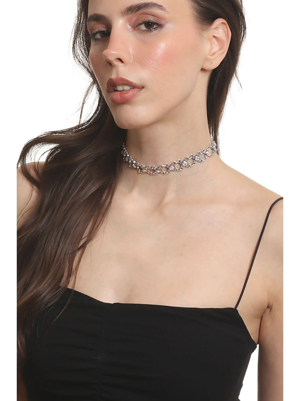 Gri Kadın Antik Gümüş Kaplama Renk Taşlı Choker Tasma Kolye-3