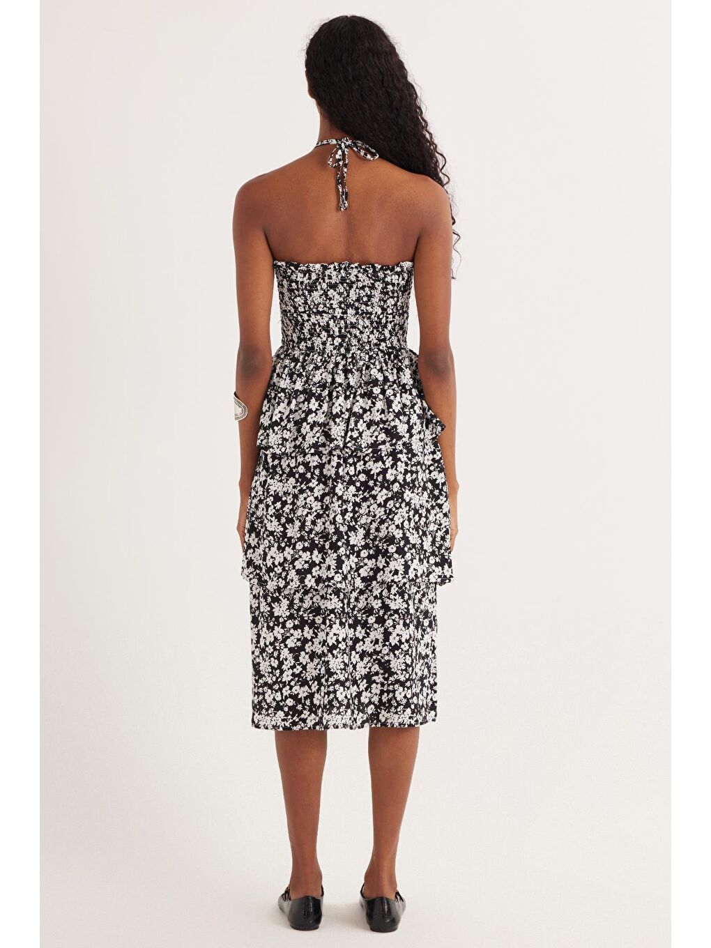 Karışık Kadın Standart Fit Bağlama Detaylı Beli Büzgülü Desenli Viskon Elbise-6