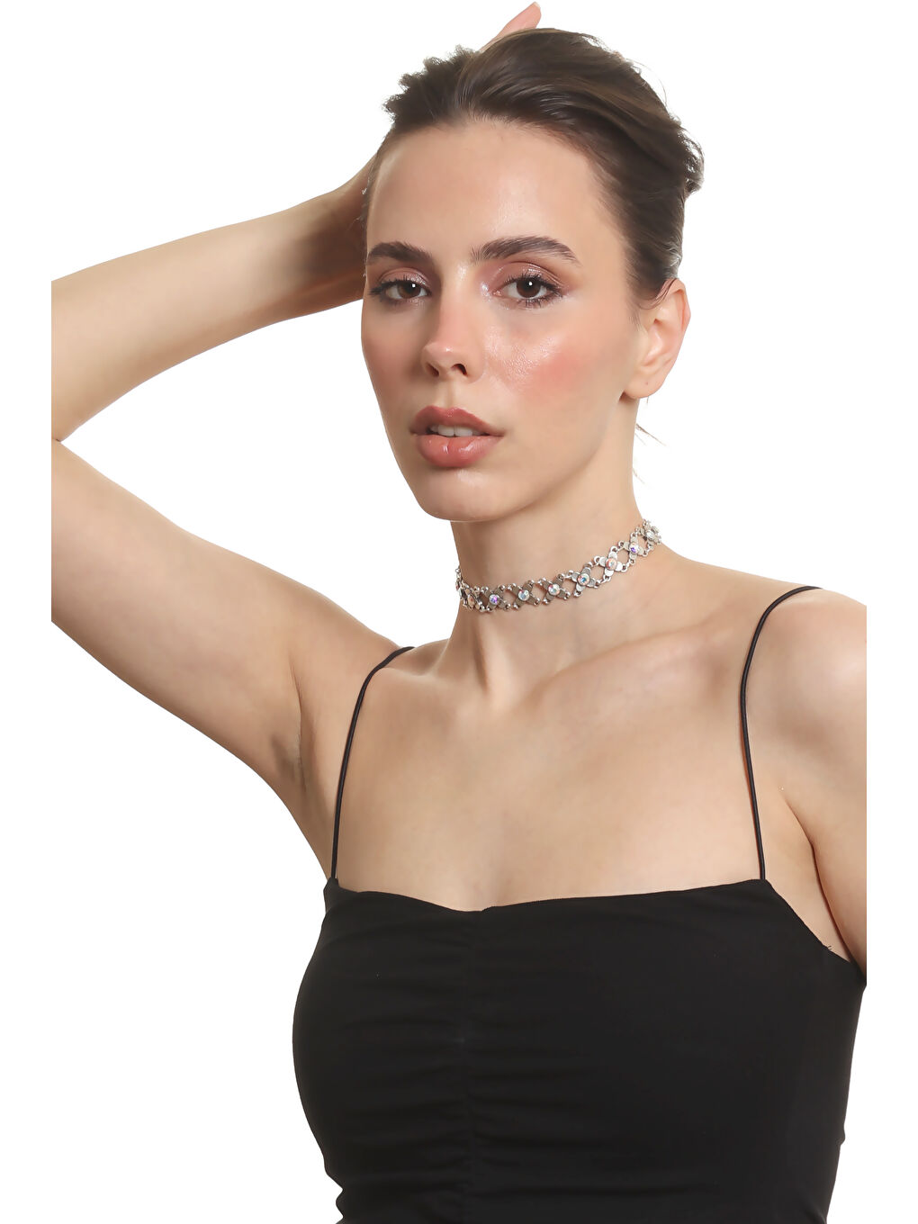 Gri Kadın Antik Gümüş Kaplama Renk Taşlı Choker Tasma Kolye-1