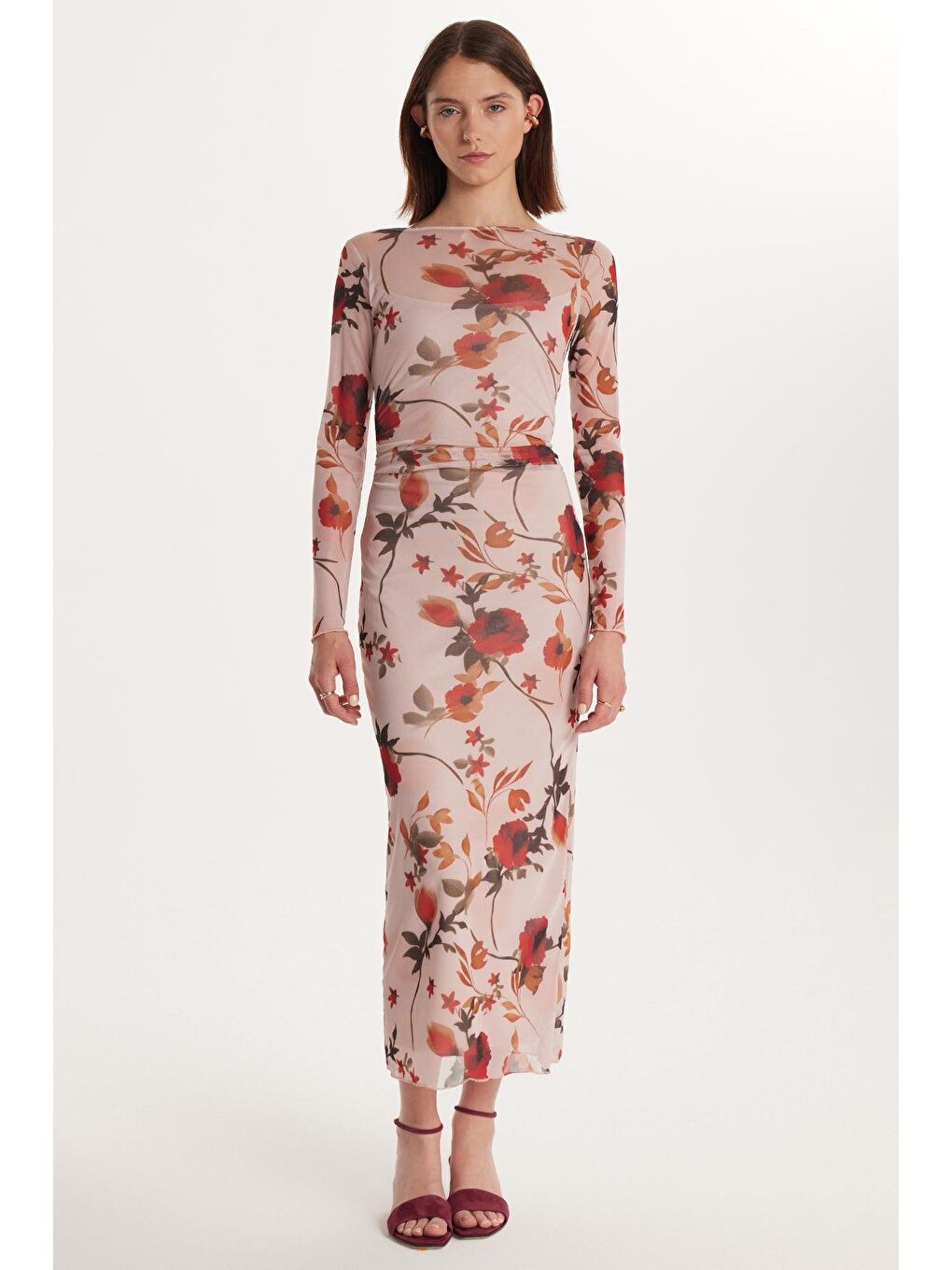 Pembe Kadın Standart Fit Uzun Kollu Bisiklet Yaka Çiçek Baskılı Elbise