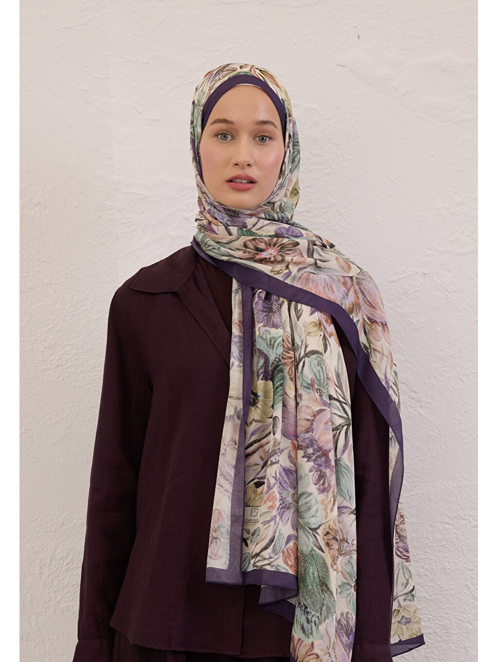 Vıntage Garden Desen Rami Şal Morcivert-1