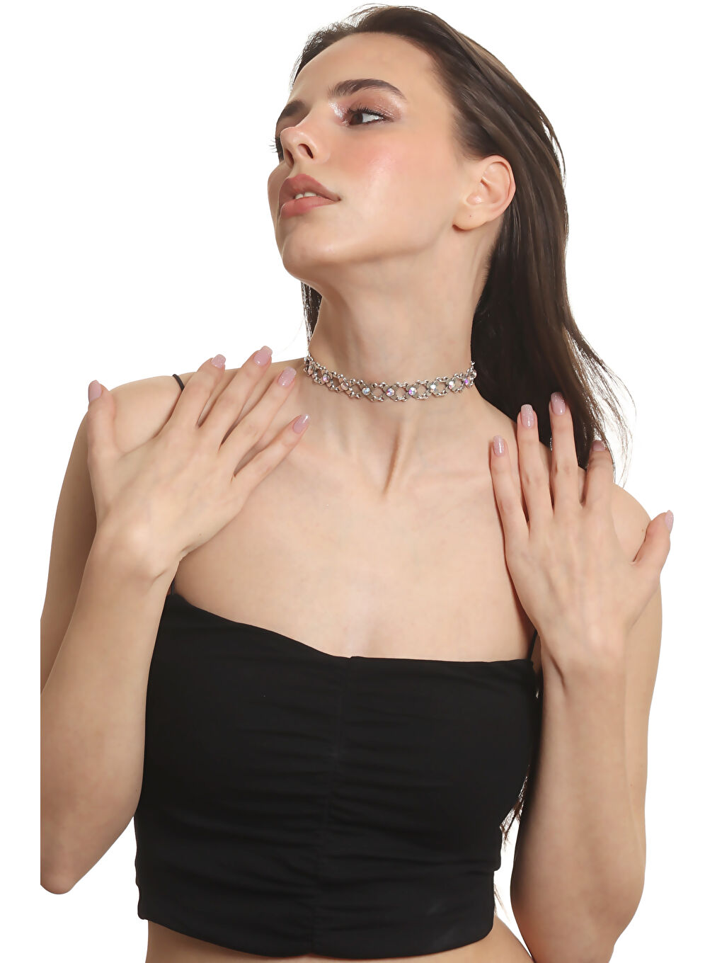 Gri Kadın Antik Gümüş Kaplama Renk Taşlı Choker Tasma Kolye-4