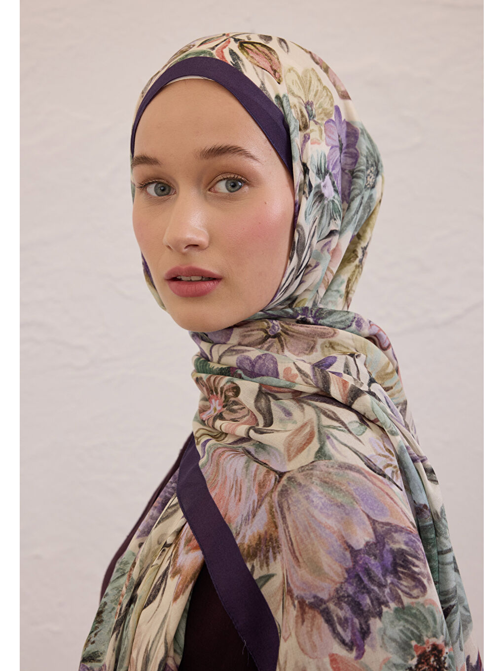 Vıntage Garden Desen Rami Şal Morcivert-2