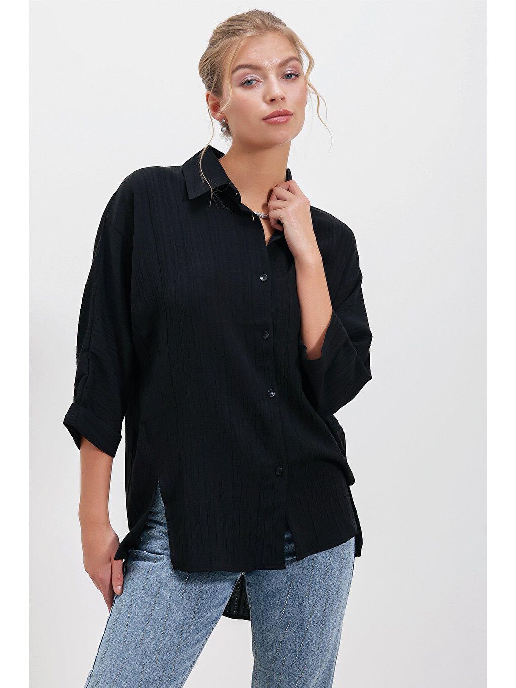 Siyah Uzun kollu Keten Gömlek