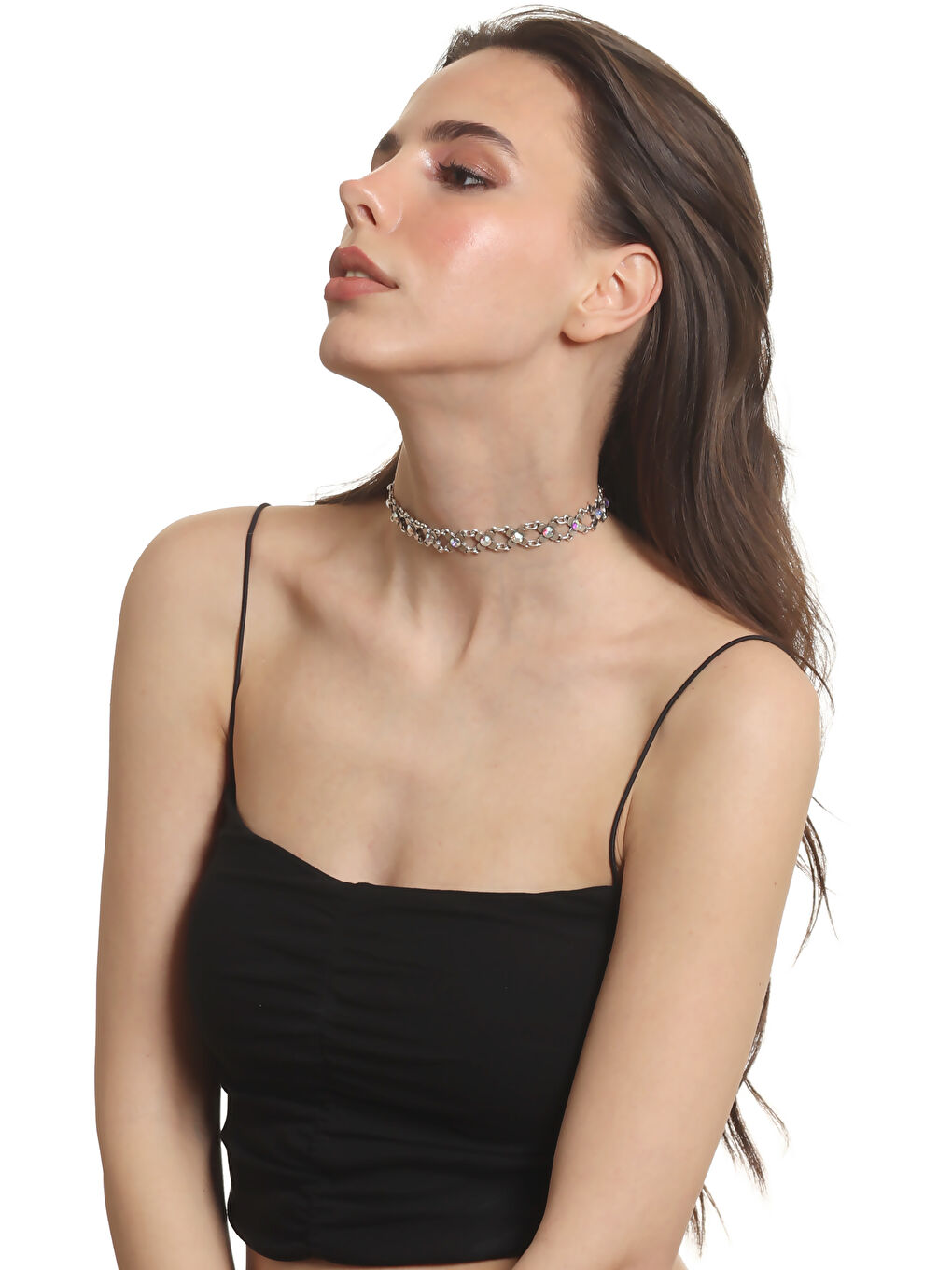 Gri Kadın Antik Gümüş Kaplama Renk Taşlı Choker Tasma Kolye-5